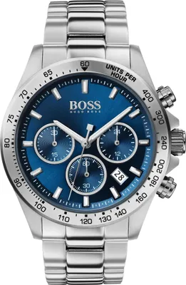 A close-up studio shot of a Hugo Boss men's chronograph watch with a blue dial and silver metal bracelet, presented against a white background.