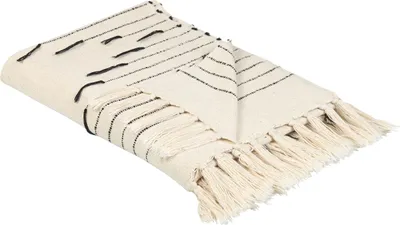 Produktbild von BELIANI Tagesdecke Hellbeige und Schwarz Baumwolle 130 x 170 cm Gestreiftes Muster Accessoire mit dekorativen Quasten Handgefertigt
