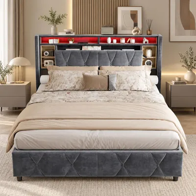 Immagine prodotto di Letto imbottito INONEFT 140x200 cm con LED e USB, letto con sistema di sollevamento idraulico e spazio contenitore, letto matrimoniale per ragazzi con testiera imbottita e spazio contenitore, in velluto, colore grigio, Immagine generata dall'IA