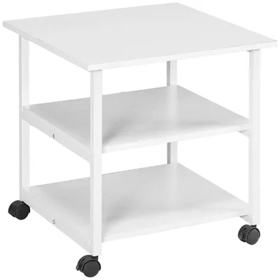 Produktbild von Druckertisch auf Rollen mit 3 Ablagen | Farbe: Weiß | Abmessungen: 50x50x52,5 cm