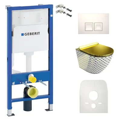 Produktbild von DOMINO Geberit Duofix Basic Vorwandelement + Wand-WC Tiefspül Sofi Slim Becken Checked Gold Spülrandlos + Bedienplatte Delta 25 für Doppelspülung |Set