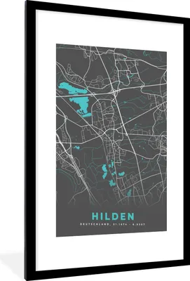 Produktbild von MuchoWow® Gerahmtes Poster Blau - Deutschland - Karte - Stadtplan - Hilden 60x90 cm - Poster mit Schwarzem Bilderrahmen Wandposter Rahmen Foto Bilder - Dekoration - Wandposter Wohnzimmer - Hochwertig