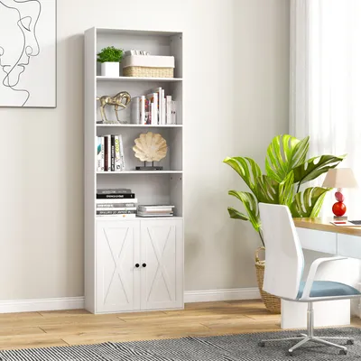 Zdjęcie produktu dla Regał COSTWAY z drzwiami i 4 otwartymi przegrodami, regał o wysokości 180 cm, półka stojąca, półka do przechowywania do salonu, sypialni, kuchni, biały
