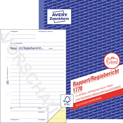 Produktbild von Avery Zweckform 1770, Rapport/Regiebericht, A5, selbstdurchschreibend, 2x40 Blatt