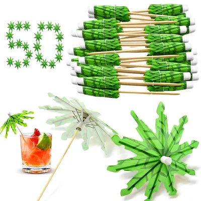 50 Cocktail-Deko Palmenstäbchen & Papierschirmchen, grün