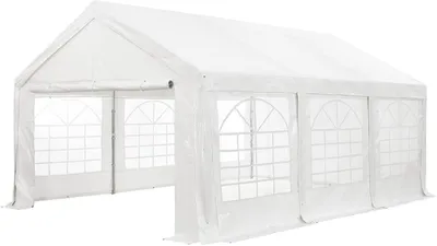 A white party tent with clear windows.