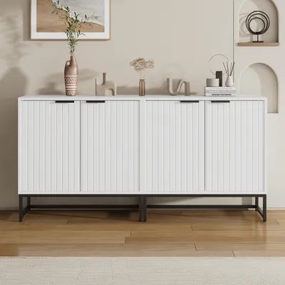 Immagine prodotto di Comò Fliek con anta, comò a 2 cassetti, mobile da soggiorno con gambe in metallo, credenza in legno Comò con maniglie in metallo, bianco, 160x40x80 cm