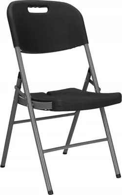 A black folding chair with a gray metal frame is shown against a white background.