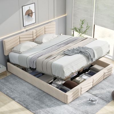 Merax Hydraulisches Boxspringbett 140x200cm Polsterbett mit Bettkasten, Lattenrost und höhenverstellbarem Kopfteil, Doppelbett Stauraumbett Funktionsbett mit Samtbezug in Beige