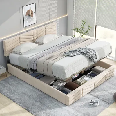 Produktbild von Merax Hydraulická posteľ Boxspring 140x200 cm Čalúnená posteľ so zásuvkou, lamelovým rámom a výškovo nastaviteľným čelom, Manželská posteľ s úložným priestorom Funkčná posteľ so zamatovým poťahom v béžovej farbe