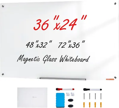 Productafbeelding van Magnetisch glazen whiteboard, wandtafel, droogverwijderbaar bord van 90 x 60 cm, wit glazen bord zonder frame, geschikt voor wandmontage, met pennenhouder, een gum en 2 pennen, magnetisch whiteboard, wit