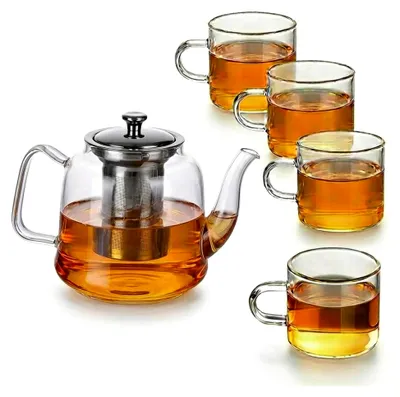 Produktbild von Teekannen-Set aus Glas 1,5 Liter mit Siebeinsatz – Spülmaschinenfestes Set mit 4 Tassen für losen Tee, ideal für Teepartys und als Geschenk