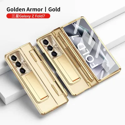 Immagine prodotto di Custodia per Samsung Galaxy Z Fold 7 Custodia galvanica trasparente con supporto per penna e stilo, protezione dello schermo e supporto Oro