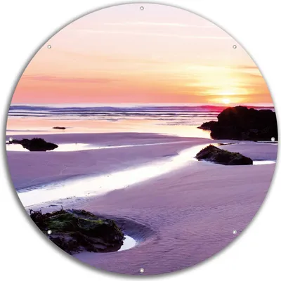 Produktbild von Wallario rundes Outdoor-Poster für Garten oder Balkon, Motiv Sonnenuntergang am einsamen Strand, 60 cm Durchmesser