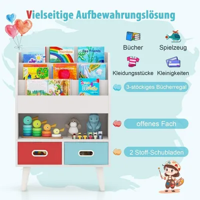 Immagine prodotto di Scaffale per bambini Scaffale per bambini con 3 ripiani e amp; scomparto aperto e amp; 2 cassetti in tessuto bianco