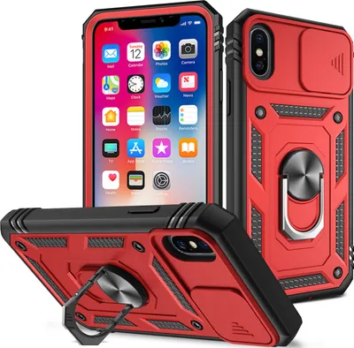 Immagine prodotto di Custodia per iPhone X / iPhone XS protezione fotocamera scorrevole, resistente agli urti, con supporto ad anello, supporto e portacarte Rosso