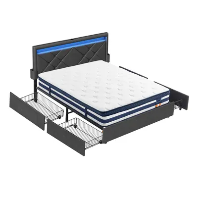 Produktbild von VASAGLE Polsterbett und 7-Zonen Taschenfederkernmatratze Set, mit LED, 4 Schubladen, USB, 180 x 200 x 25 cm