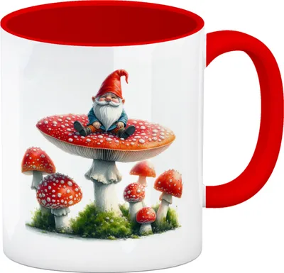 Produktbild von Gartenzwerg auf einem Fliegenpilz Kaffeebecher in rot