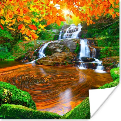 Produktbild von MuchoWow® Poster Natur - Wasserfall - Steine - Moos - Blätter - Grün 50x50 cm - Wohnzimmerdekoration