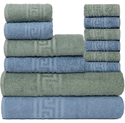 Immagine prodotto di Omgoods - Set di asciugamani, 12 pezzi - 100% cotone, extra morbidi e assorbenti, blu/verde