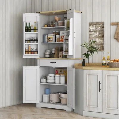 Image de Armoire de cuisine buffet blanche, 76,5 x 40 x 181 cm, meuble haut de style campagnard moderne avec 4 portes, 1 tiroir et des étagères réglables, armoire de rangement en bois composite