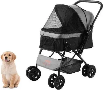 Obrázok produktu pre Malý prepravný vozík pre psov, skladací, nosnosť 20 kg, čierno-sivý, s košíkom