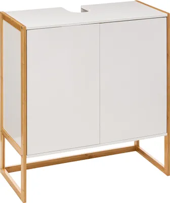 A white cabinet with a wooden frame, designed to be placed under a sink.