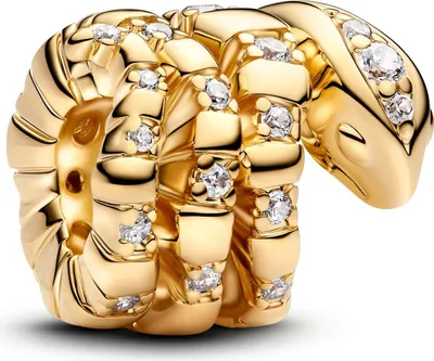 A close-up, studio shot of a gold snake-shaped charm with clear stones.