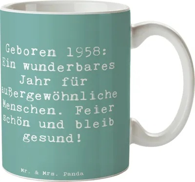Produktbild von Mr. & Mrs. Panda Tasse Spruch 1958 Geburtstag - Meeresbrise - Geschenk, Geburtstagsgeschenk, Kaffeetasse, Bürotasse, Kaffeebecher, Glückwunsch, Jahrgang, Teetasse