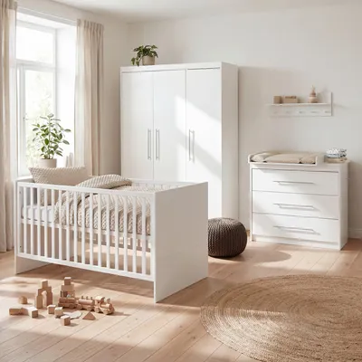 Immagine prodotto di Set per bambini Zimmerset "Maren", comprensivo di: lettino combinato 70 x 140 cm, fasciatoio compatto e armadio a 3 ante, colore bianco, Immagine generata dall'IA