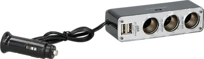 Image de Chargeur de voiture Dunlop répartiteur 3 voies 12-24 Volts, 2 x ports USB pour allume-cigare