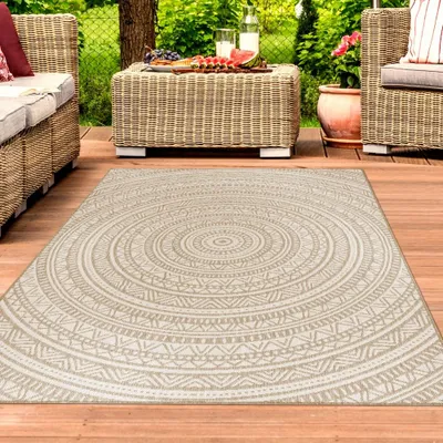 Obrázek produktu pro Kulatý koberec s etnickým vzorem v béžové a bílé barvě - přírodní styl pro nadčasovou atmosféru Velikost - 80 x 150 cm