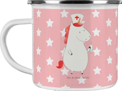 Produktbild von Mr. & Mrs. Panda Teetasse Einhorn Krankenschwester - Rot Pastell - Geschenk, Unicorn, Kaffeepott, Teebecher, Emailletasse, Krankenpflegerin, becher emaille, Ärztin, Pott