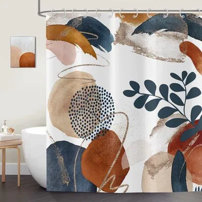 Produktbild von Famanu Duschvorhang mit abstrakter Kunst und Blättern - 120 x 200 cm, wasserdicht, waschbar, inkl. Haken