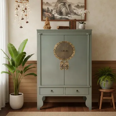 Produktbild von Opium Outlet chinesischer Hochzeitsschrank asiatischer Kleider-Schrank Asia Kommode China Möbel Vintage-Stil Shabby-Chic orientalisch Holz olivgrau