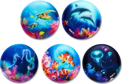 A collage of five round images, each depicting a different underwater scene with marine life.