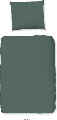 A duvet cover and pillowcase set, both in a solid olive green color, are laid out flat against a white background.