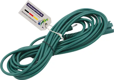 A coiled green power cord with a tag attached.