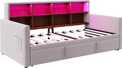 Produktbild von Flieks Schlafsofa Jugendbett 90x190cm mit Ausziehbett, Tagesbett Daybed mit Led, Polsterbett Einzelbett mit Ladefunktion und Stauraum, Samt, Hellgrau