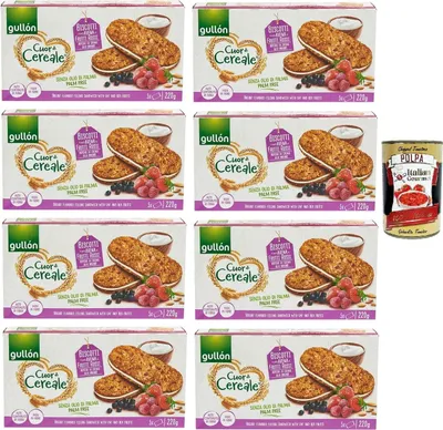 Produktbild von Gullon Cuor di Cereale Kekse mit Hafer und roten Früchten mit Joghurtcremefüllung 8x 220g + Italian Gourmet polpa 400g