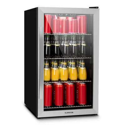 Obrázok produktu pre Klarstein Mini chladnička so sklenenými dvierkami, malá chladnička 124 litrov, mini chladnička do izieb, malá chladnička na nápoje s nastaviteľnými policami, vnútorná/vonkajšia chladnička tichá