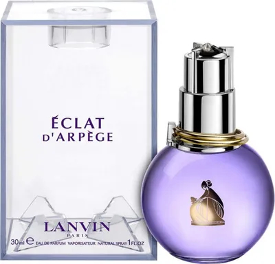 A bottle of Lanvin Éclat d'Arpège Eau de Parfum and its packaging are displayed against a white background.