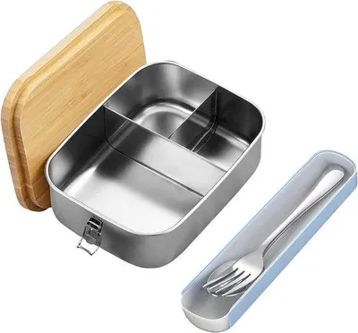 Produktbild von Famanu Bento Lunchbox 1200 ml - Holzdeckel - Edelstahl - 3 Fächer