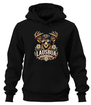 Obrázok produktu pre Lausbua Originál slnečné okuliare Hirsch, kožená nohavica Edelweiss, mikina s kapucňou, čierna, veľkosť L