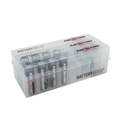 A clear product shot of a battery storage box filled with batteries.