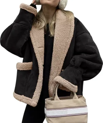 Obrázek produktu pro ASKSA Dámská nadměrná fleecová bunda Zimní bunda Sherpa podšívka Teplé tlačítko klopě Krátká bunda Vintage Faux Suede kabát Puffer Jacket (černá,L)