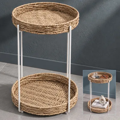 Produktbild von doporro Beistelltisch rund, Kleiner Tisch, Couchtisch rund mit 2 geflochtenen Ablagen aus natürlichem Papierseil für Wohnzimmer, Schlafzimmer und Balkon, Nachttisch 37 x 55 cm, Weiß Reglo-08