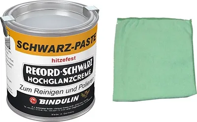 A can of black polish and a green microfiber cloth are shown against a white background.