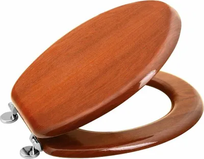A wooden toilet seat and lid are shown against a white background.