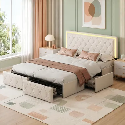 Immagine prodotto di Letto imbottito matrimoniale INONEFT, 160x200 cm, con contenitore e 4 cassetti, struttura letto per ragazzi con rete a doghe, poggiatesta regolabile con LED, rivestito in PU, colore beige